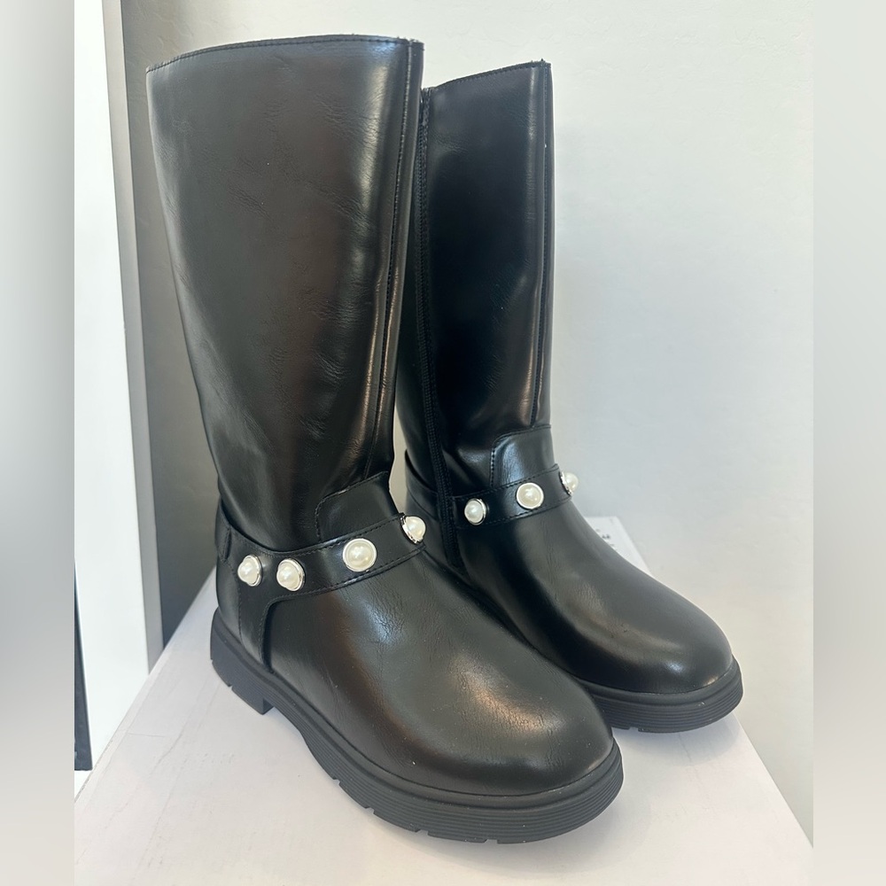 SO Girls Pearl Stud Knee High Boots Black Size 3 Memory Foam NIB